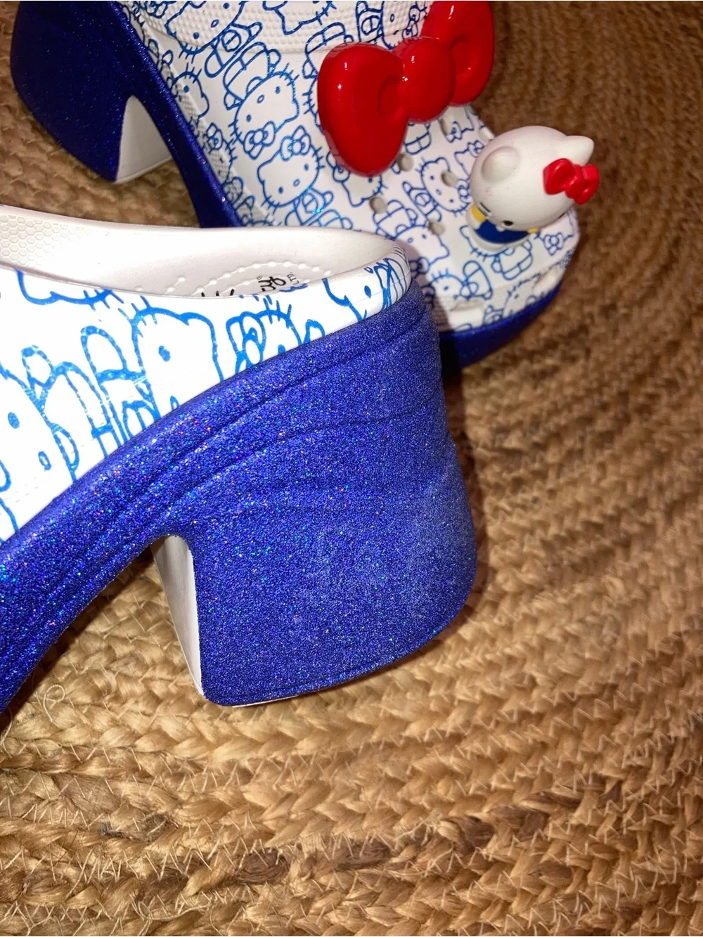 CROCS White & Blue Hello Kitty Platform Clogs with Red Bow Charm